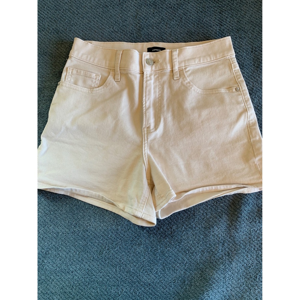 Express Shortie High Rise Denim Shorts Womens 2 Beige Cream Off White Cotton